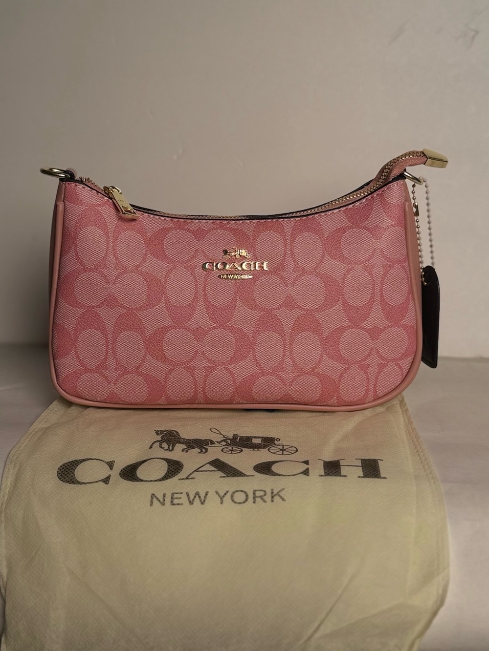 Coach Pink Signature Jacquard Mini Shoulder Bag with Gold Hardware